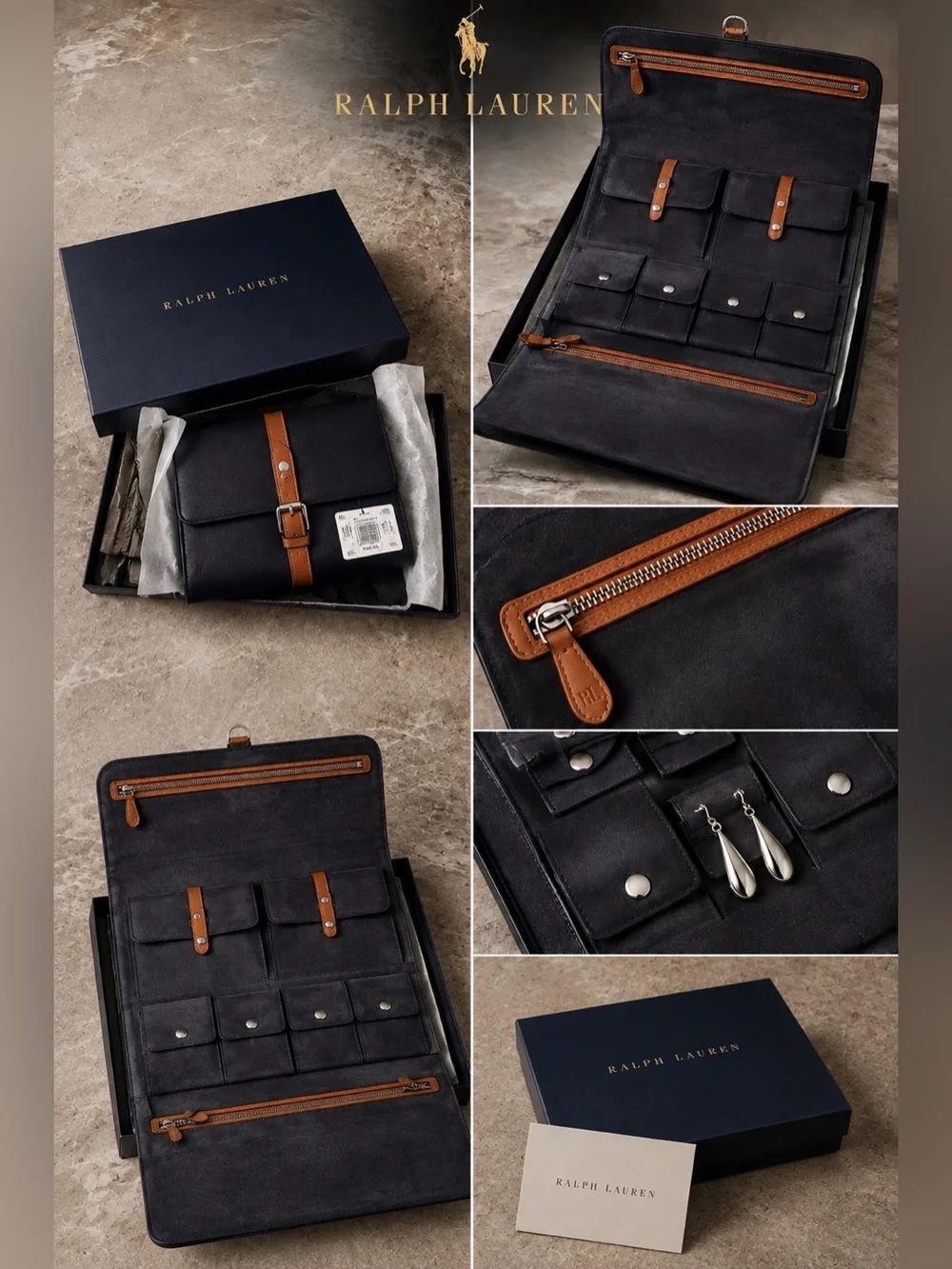 Ralph Lauren Toledo Leather Jewelry Travel Case Navy Suede NWT $500 MSRP